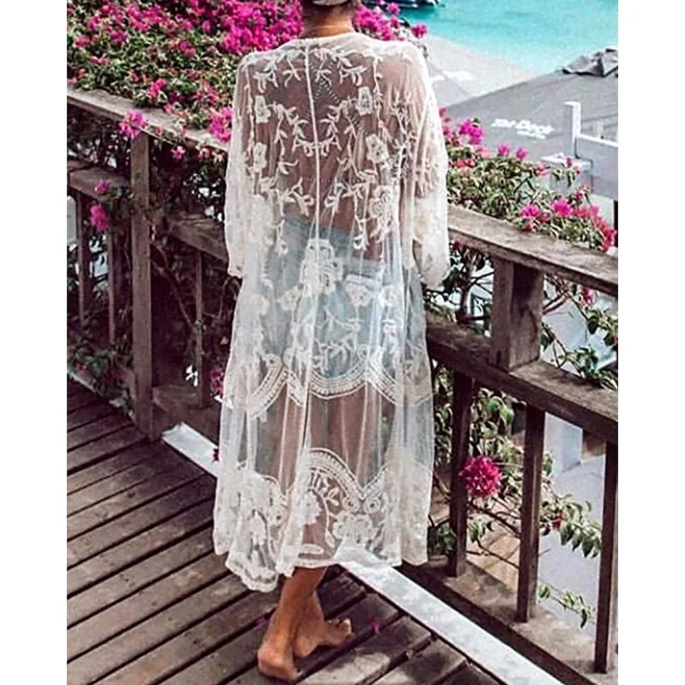 White Crochet Knitted Lace Open Front Kimono‎ Cardigan Bikini Swimsuit Coverup
